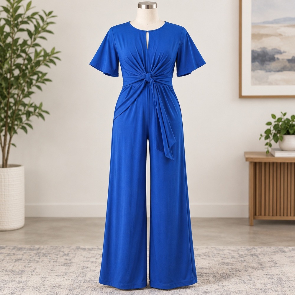 Madison Leigh Jumpsuit Women 6 Blue Front Tie Flutter Sleeve Wide Leg Keyhole